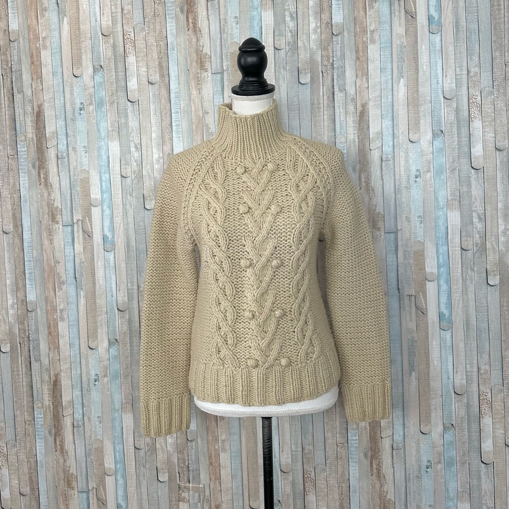 J Crew M Handknit Chunky Cable Mock‎ Neck Pullover Fisherman Sweater Lambswool